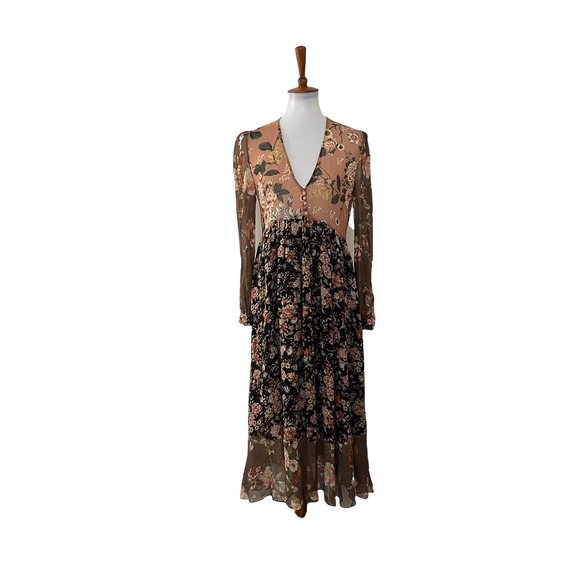 Zara Dresses & Skirts - Zara Woman Sheer Pullover Floral Maxi Dress Long Sleeve Brown XS